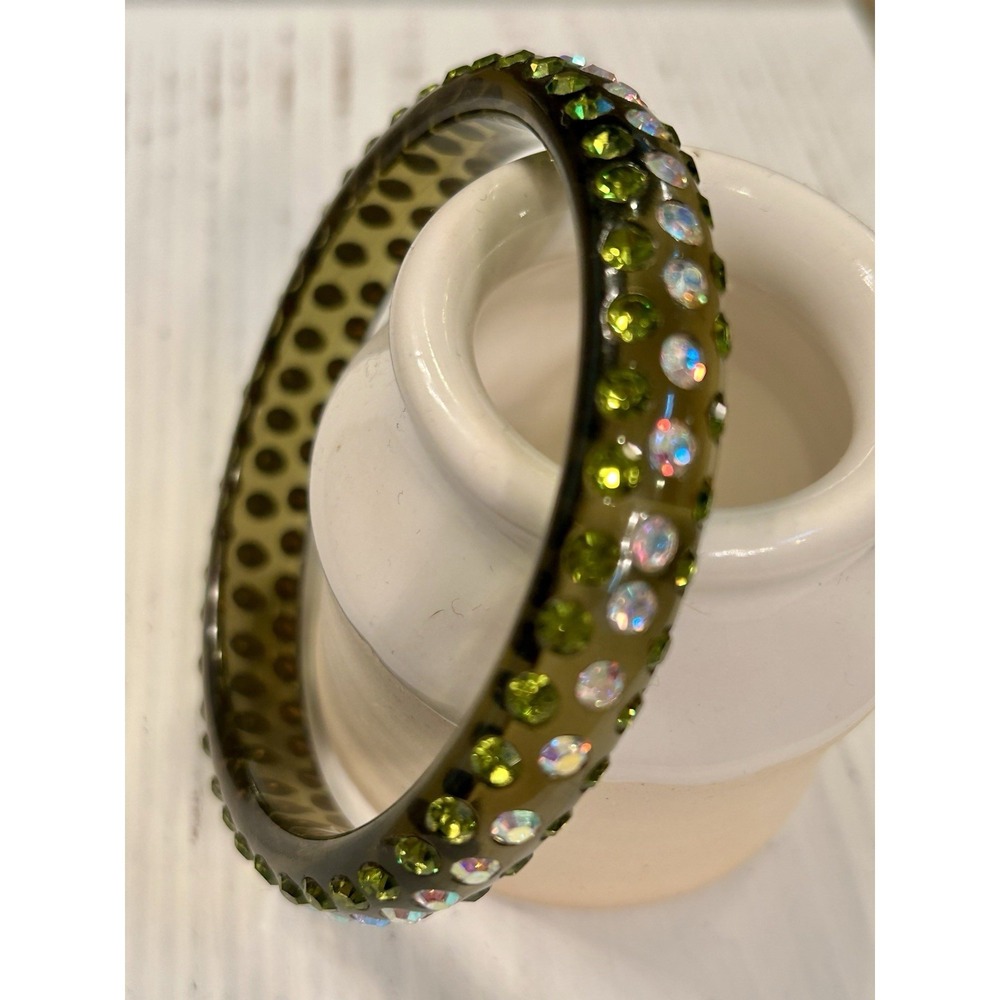 Vintage Celluloid or Lucite & Rhinestone Bangle Bracelet‎ Green Clear